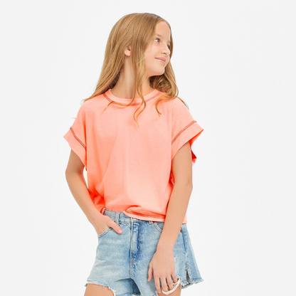 Overlap Open Back Reverse Stitched Top - Neon Coral