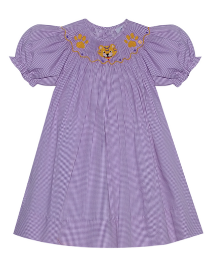 Smocked Bishop Dress - Purple and Gold
