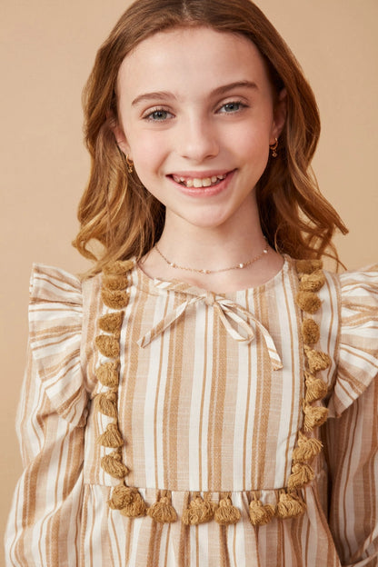 Textured Stripe Tasseled Bodice Top - Mustard - Tween