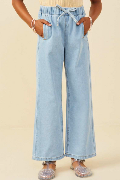 Wide Leg Drawstring Waist Denim Pants - Tween
