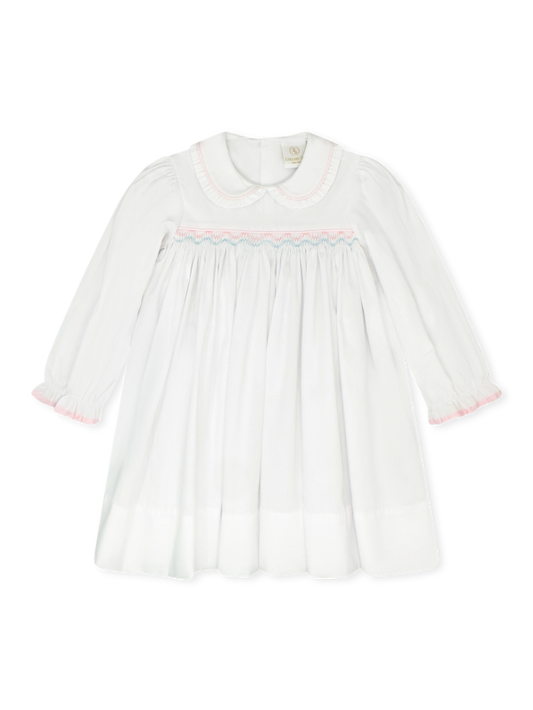 Michelle Dress - Willow White Pique w/Baby Pink + Blue Smocking