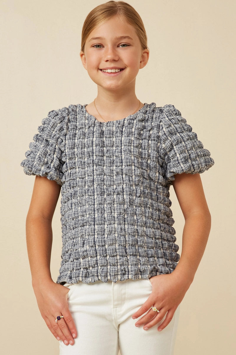 Waffle Textured Puff Sleeve Top - Navy - Tween