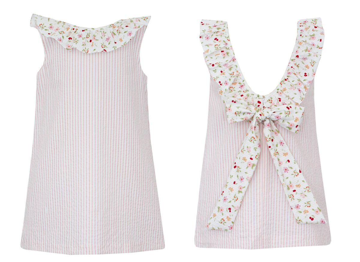 TWEEN GROUP 4 - Pink seersucker stripe A line dress w/ floral trim ruffle w/ bow (3003D2-CS27)