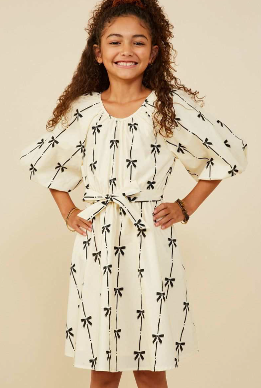 All Over Bow Print Belted Dress - Tween