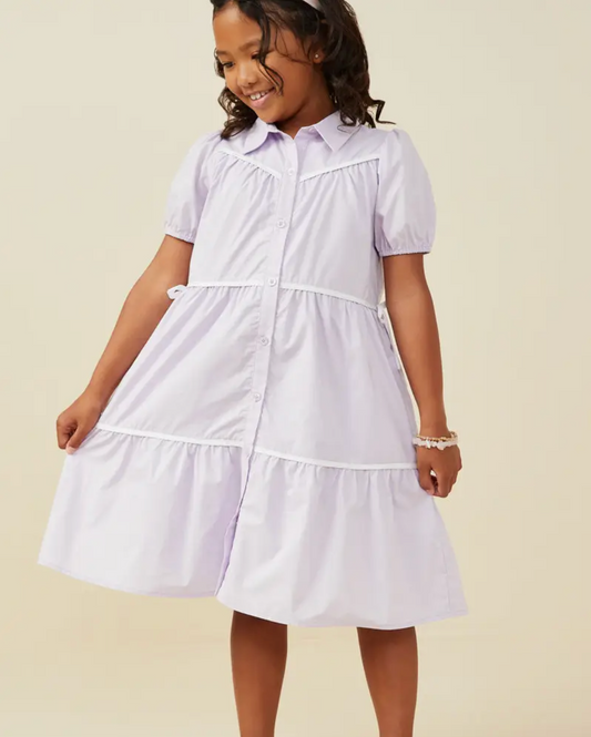 Contrast Piping Ribbon Buttoned Dress Lavender - Tween