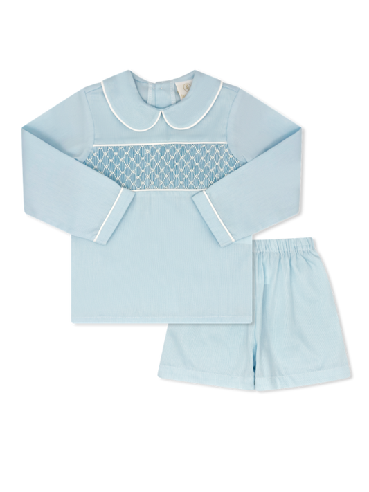 Liam Short Set - Birmingham Blue Pique, White Smocking