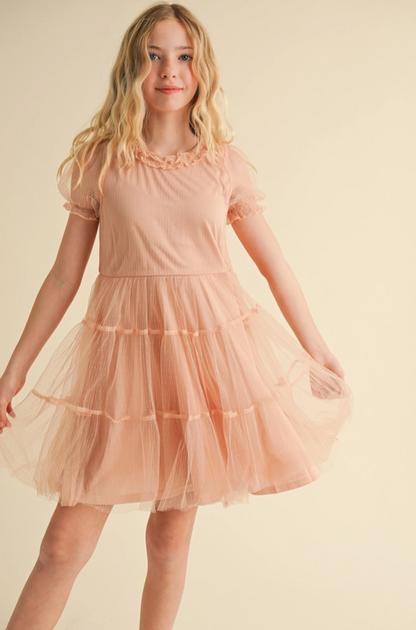 Puff Sleeve Tiered Mesh Mini Dress - Tween