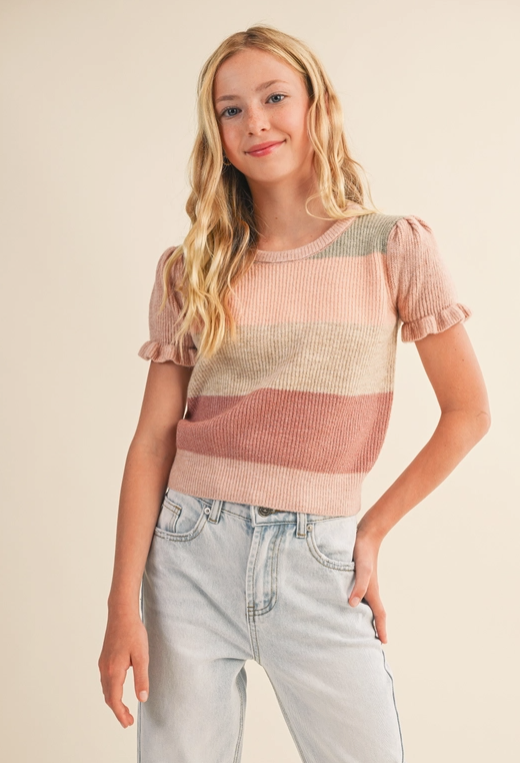 Striped Puff Sleeve Sweater - Tween