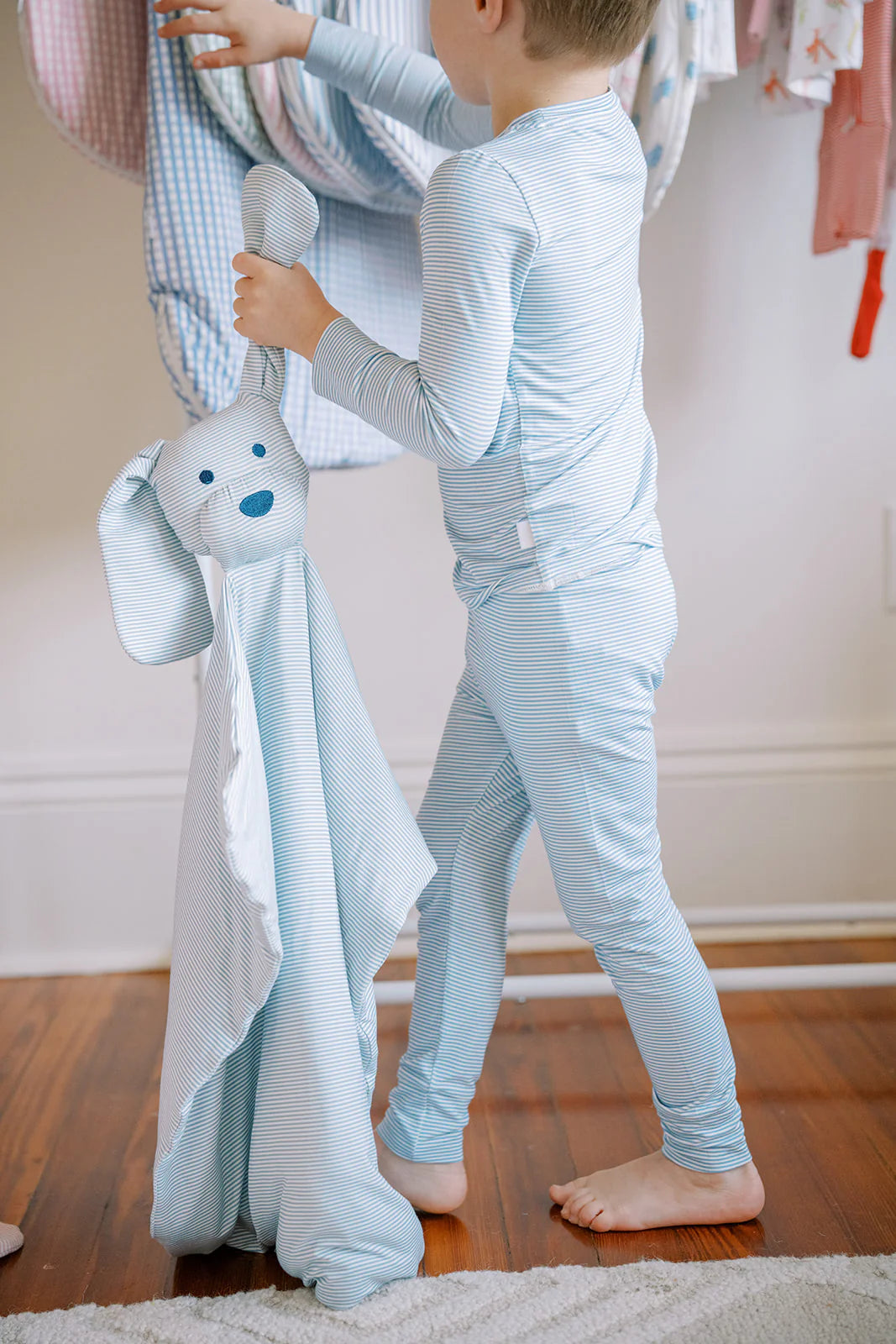 Dusty Blue Mini-Stripe Dog Lovey and Paci Clip