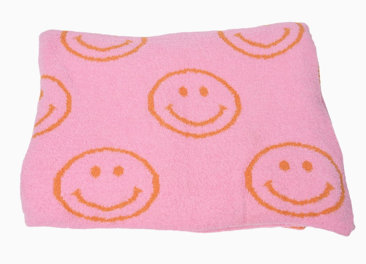Smiley Face Plush Throw - pink and orange