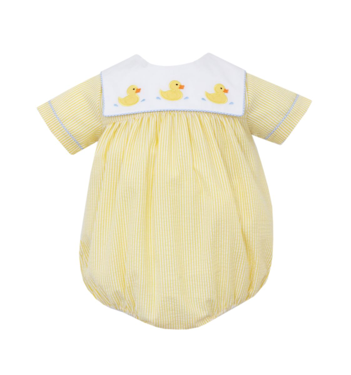 DUCKS IN A ROW - Yellow stripe seersucker boy´s bubble w/ sq. collar (5001BB-CS27)