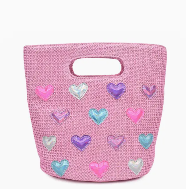 Heart-Patched Pink Straw Top-Handle Mini Tote Bag - Tween