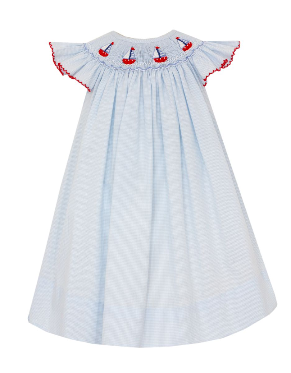 Sailboats Girl's - Lt. Blue Microgingham Angel Wing Bishop
