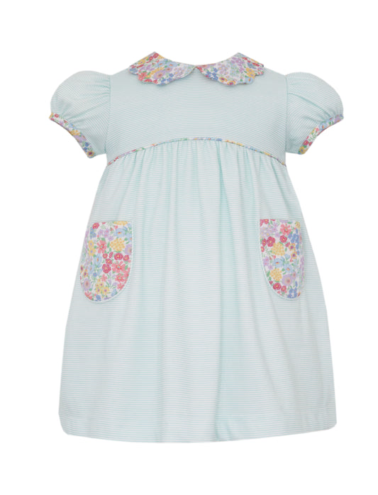 Aqua Knit Stripe Float Dress w/Scalloped Collar w/ Multi Floral Tirm
