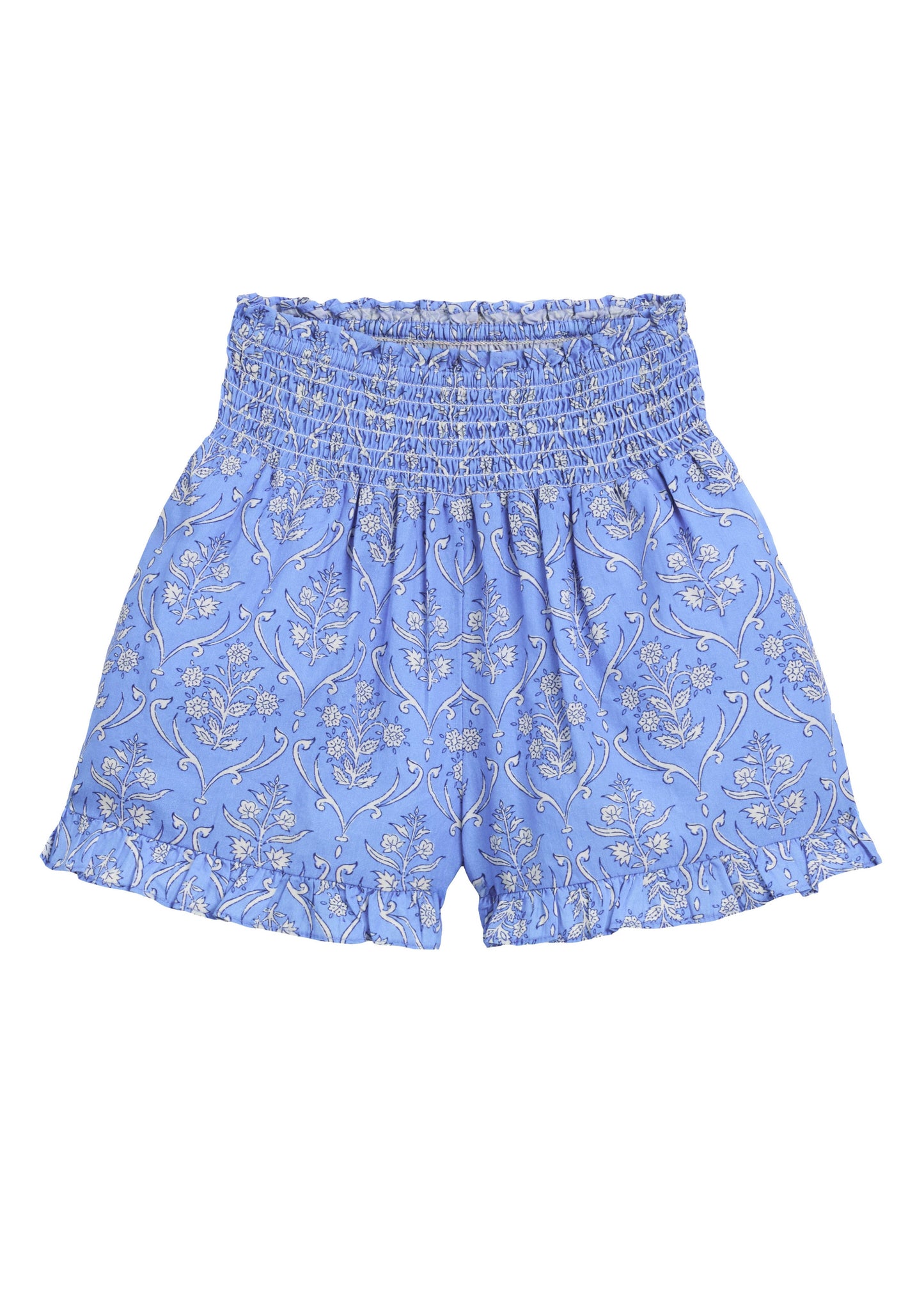 Shirred Ruffle Shorts - Blue Arabesque Block Print - Tween