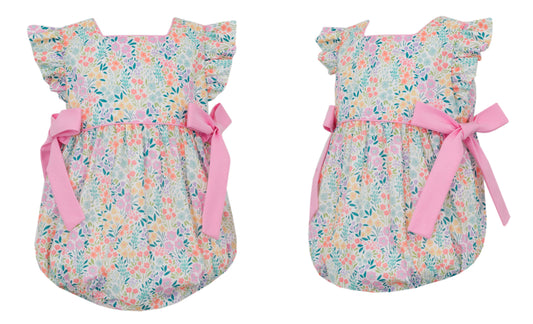 Sleeveless Girl's Romper w/Pink Side Bows English Garden Floral Print 3007F