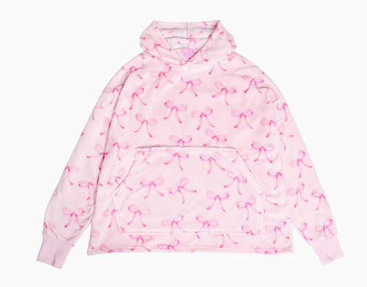 Fleece Printed Pullover Oversized Blanket Hoodie - Bow - Tween