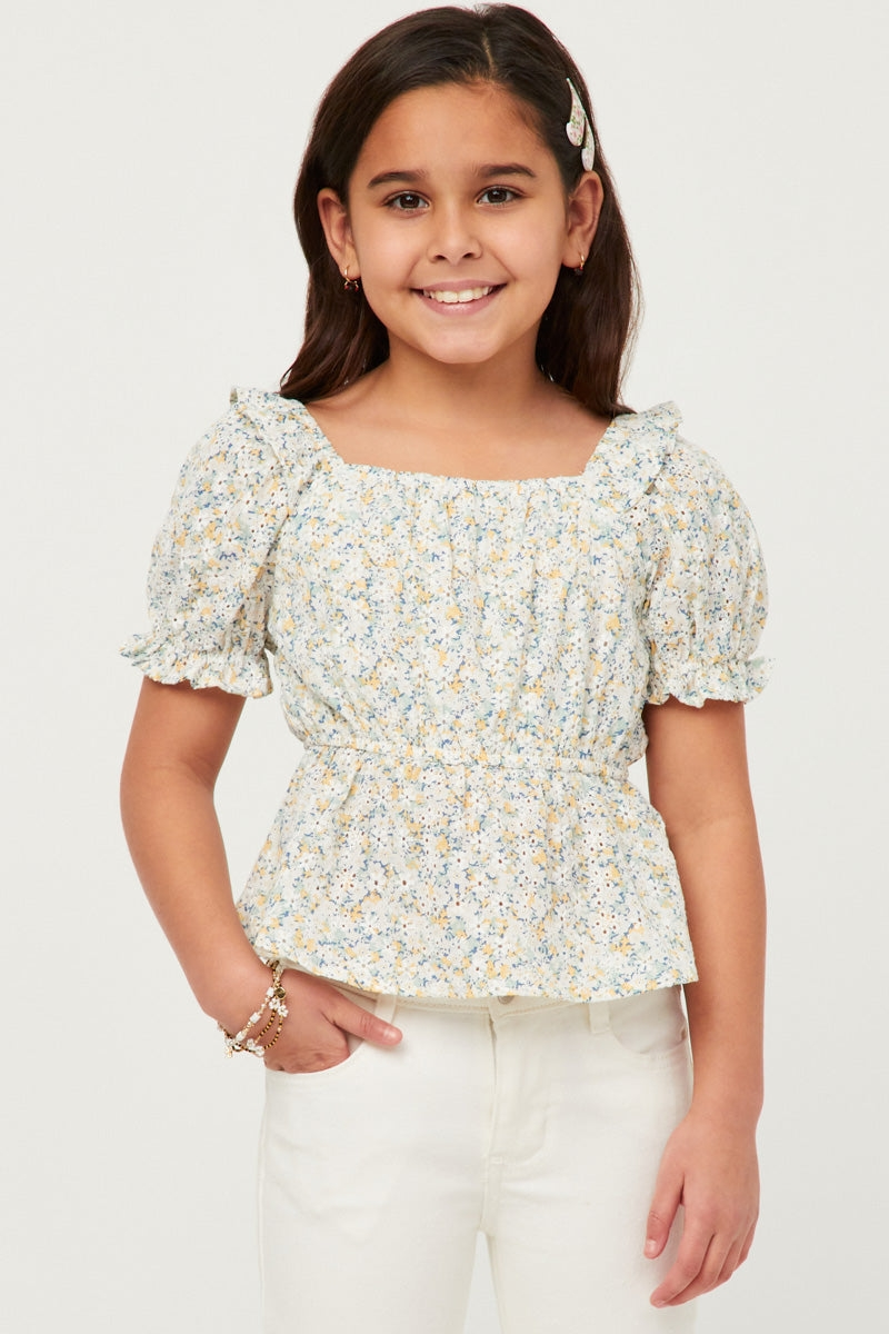 Girls Ivory Embroidered Eyelet Ruffled Floral Peplum Top