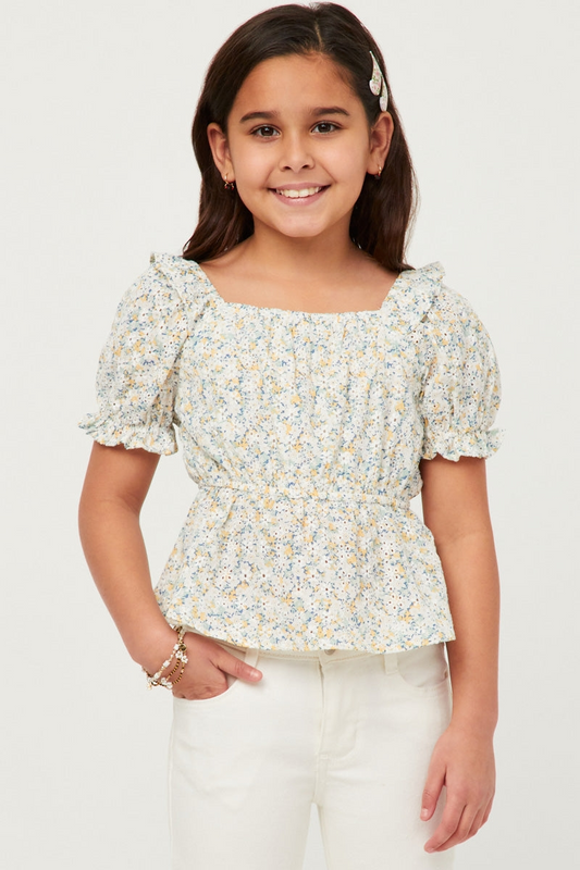 Girls Ivory Embroidered Eyelet Ruffled Floral Peplum Top