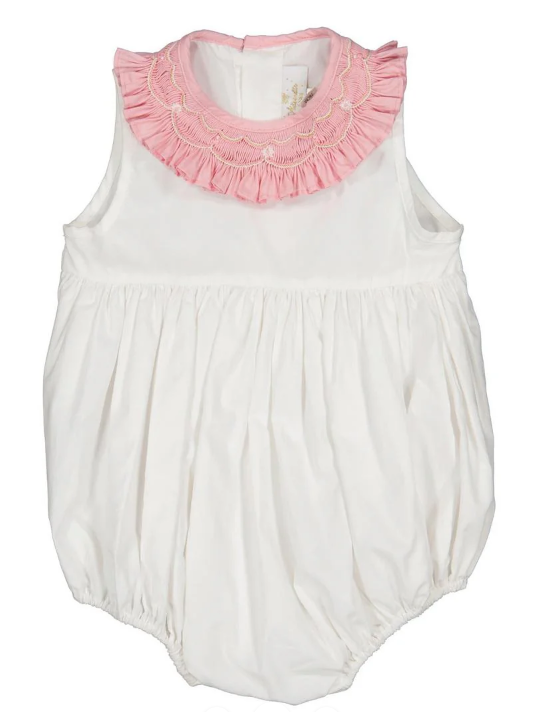 Peony White Bubble with Pink Embroidered Collar - 12M