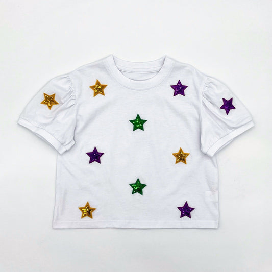 Purple, Green, and Gold Star Patch Top