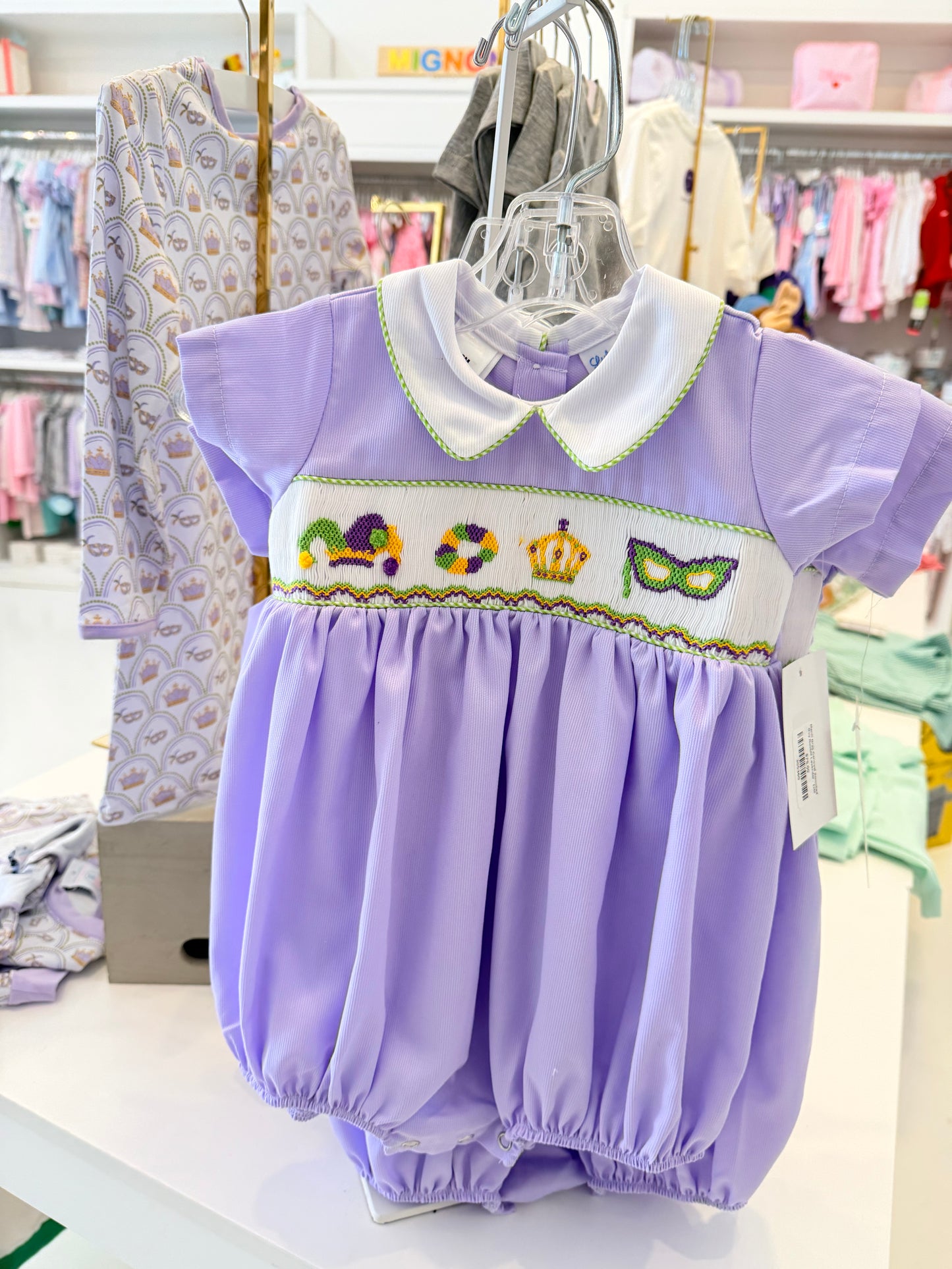 Mardi Gras Carnival Smocked Boy Bubble Lavendar