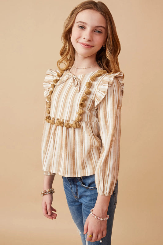 Textured Stripe Tasseled Bodice Top - Mustard - Tween
