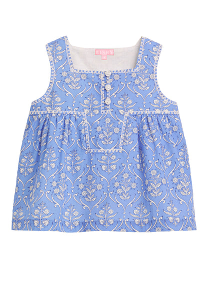 Keystone Top - Blue Arabesque Block Print - Tween
