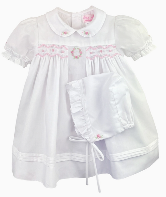 Flower Embroidered Smocked Dress - Pink 5221
