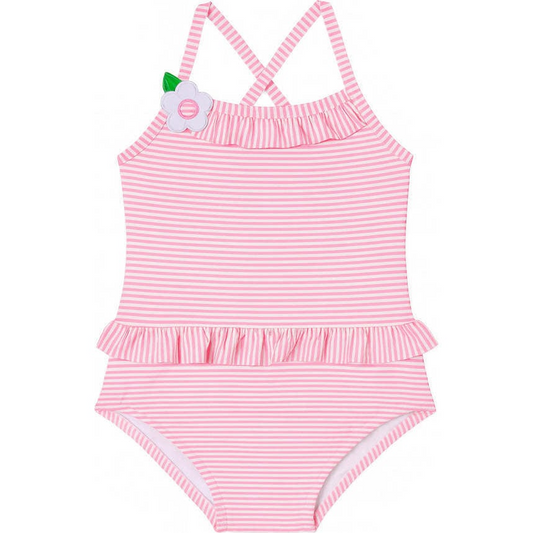 Stripe Seersucker Swimsuit w/ Flower C6216