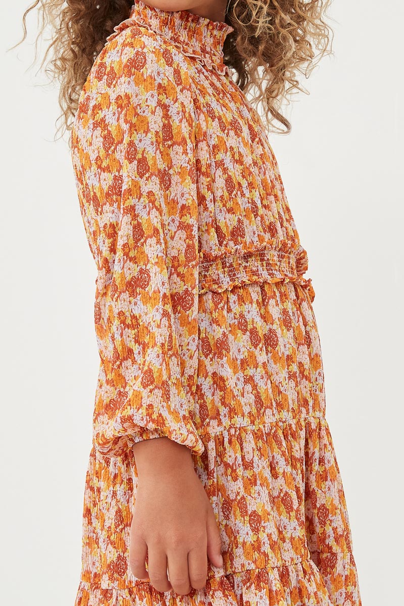 Floral Print Smocked Detail Puff Sleeve Dress - Rust - Tween