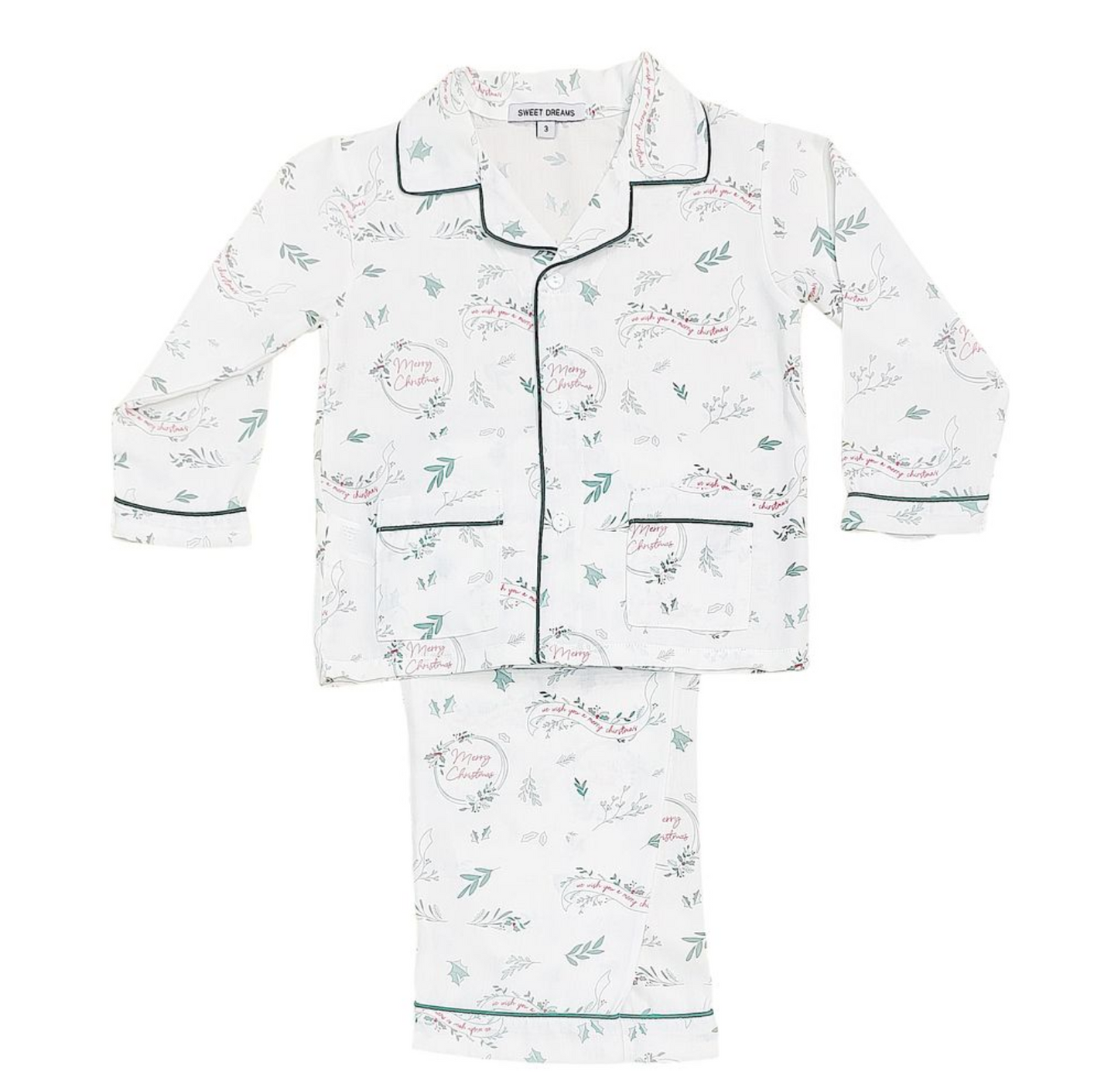 Merry Christmas Print White W/ Green Trim PJs