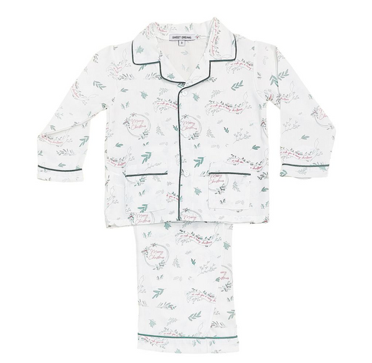 Merry Christmas Print White W/ Green Trim PJs