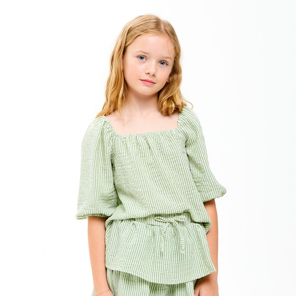 Balloon Sleeve Striped Gauze Top - Sage