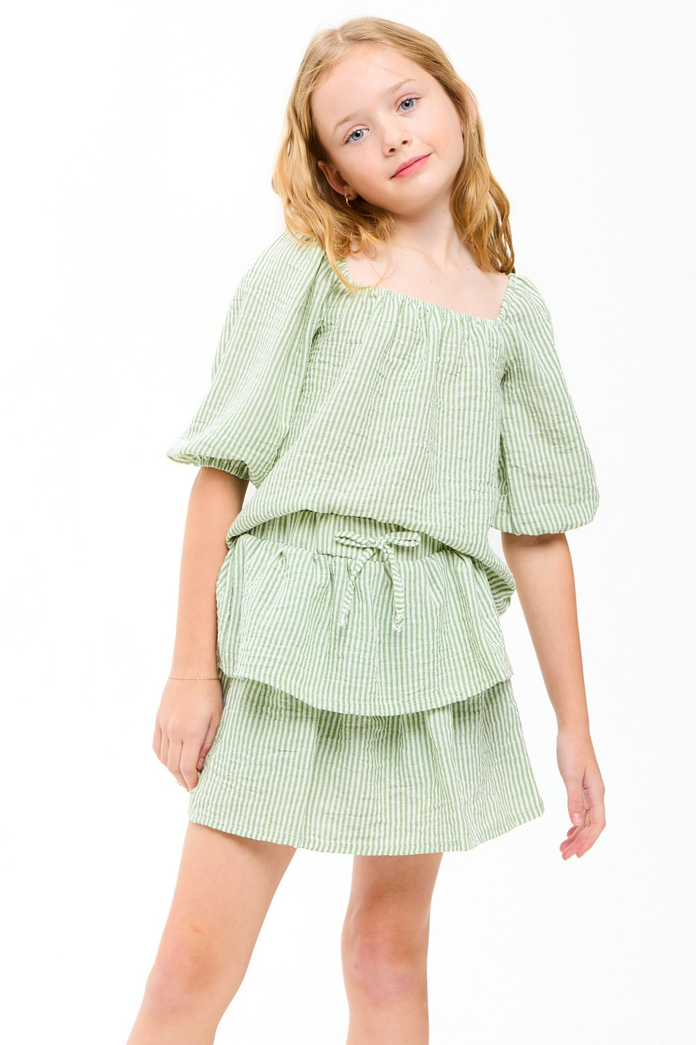 Striped Gauze Tiered Ruffle Skort - Sage
