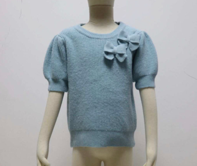 Bow Detailed Puff Sleeve Short Sleeve Sweater Blue - Tween
