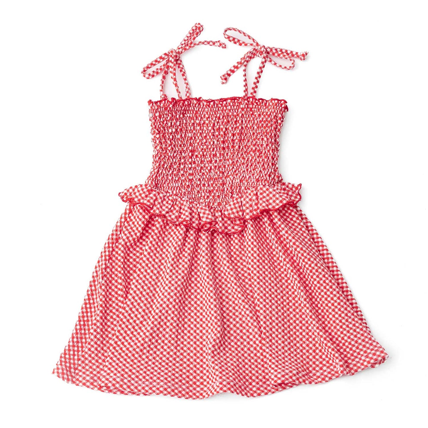 Red Gingham Textured Smocked Tie Top Dress