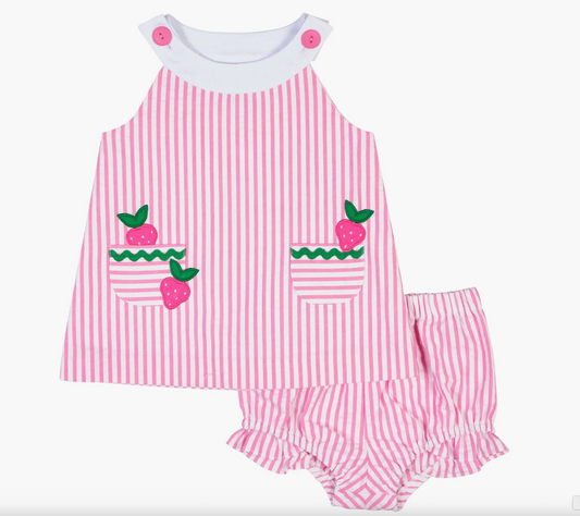 Seersucker Dress & Bloomer With Strawberries C6341