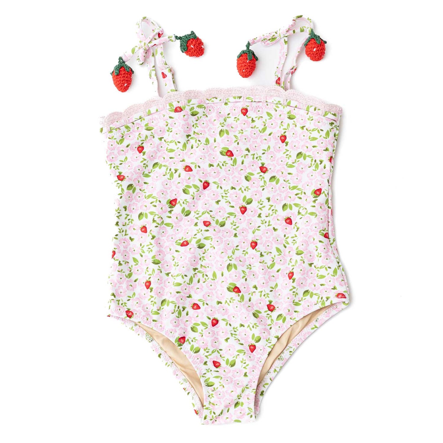 Strawberry Vines Crochet Trim One Piece Swimsuit - Tween