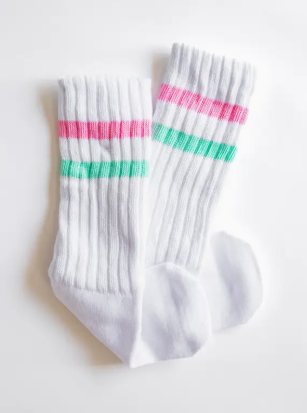 Crew Socks Pink and Aqua Stripe - Tween