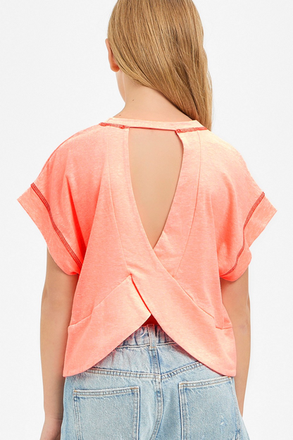 Overlap Open Back Reverse Stitched Top - Neon Coral