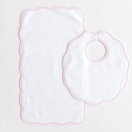 Bib & Burp Set - Pink Stripe Scalloped Edge