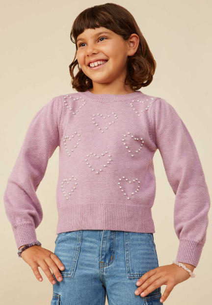Pearl Hearts Detail Pullover Sweater - Tween