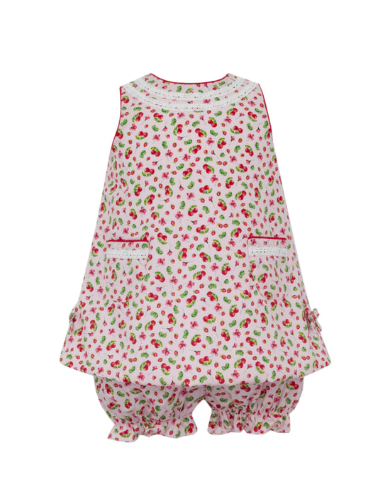 Sleeveless A Line Dress w/Swiss Eyelet Trim - Cherry Pink Print 3008D