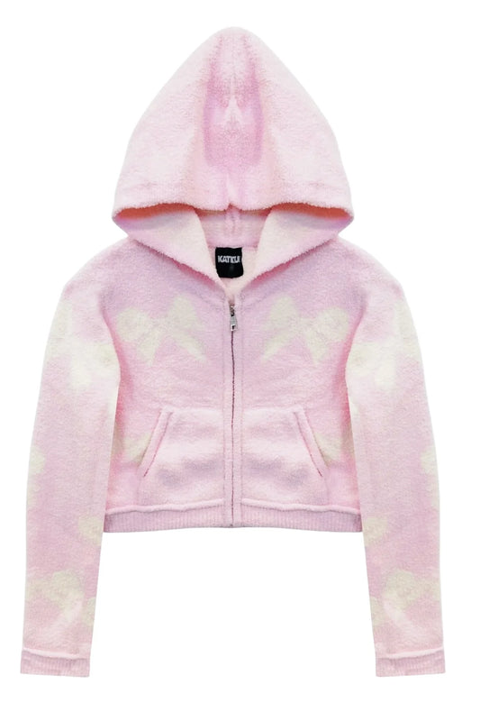 Parker Zip Hoodie tween - baby pink w bow