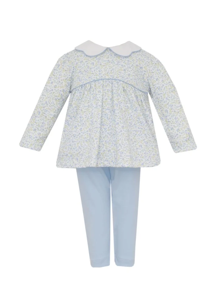 Caroline - Tiny Blue Floral Knit tunic Set w/ Blue Leggings L/S