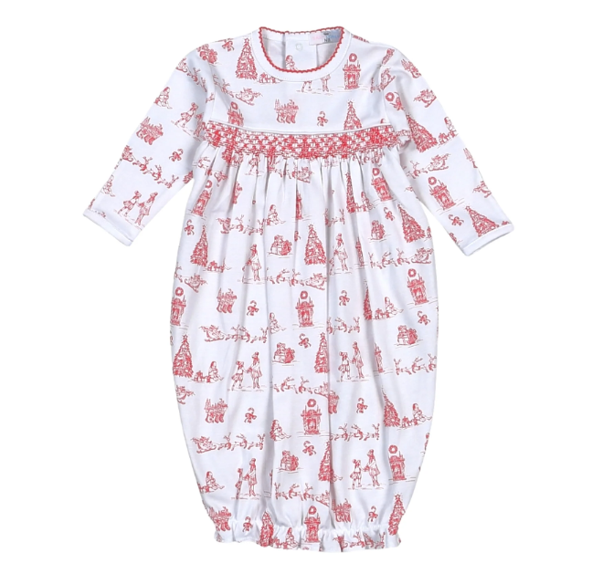 Red Christmas Toile Hand Smocked Gown
