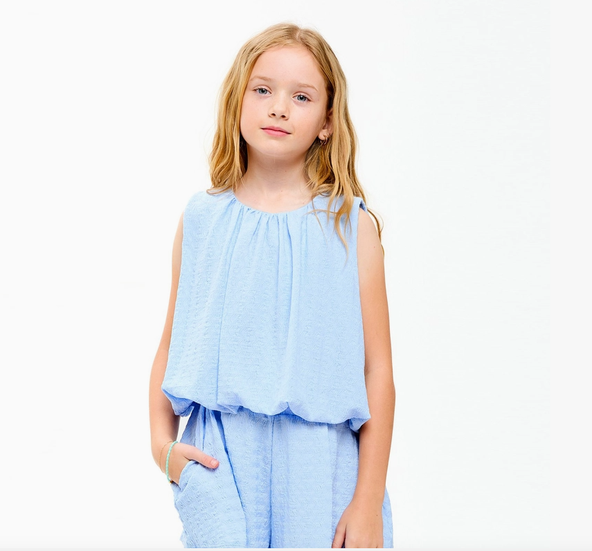 Curly Wrinkled Sleeveless Bubble Top - Blue