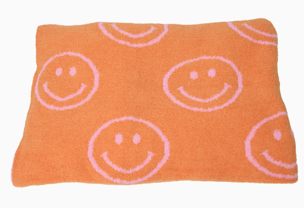 Smiley Face Plush Throw - pink and orange