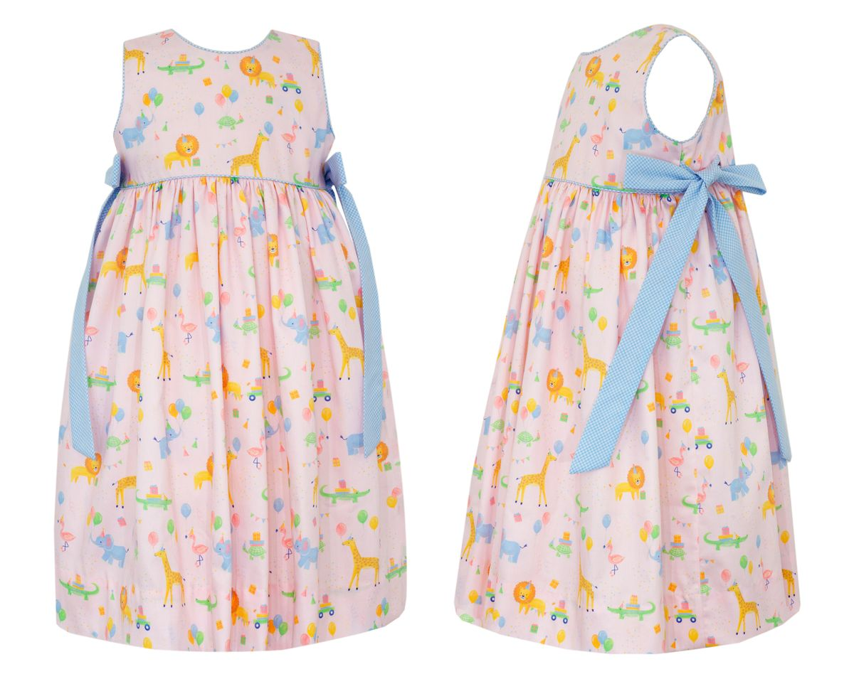 GROUP 10 - Birthday animals pink print sleeveless dress w/ blue gingham bows (3009D-CS27)